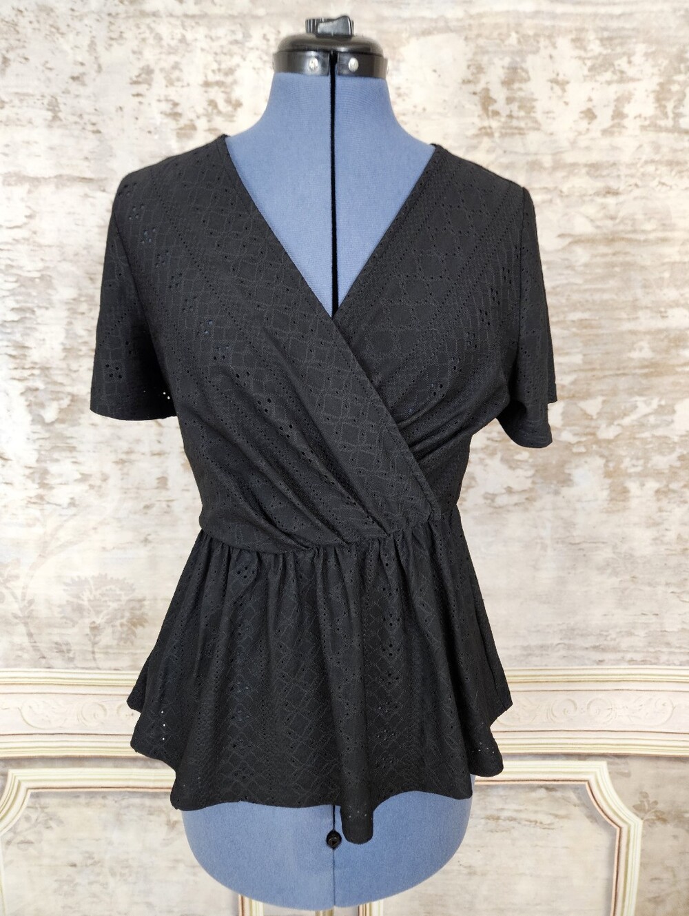 Grace Karin S Black Wrap Eyelet Peplum Blouse Flutter Sleeve S - Picture 3 of 8